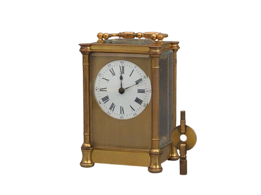 Antique Swiss Carriage Clock Gold Gilt Brass with Round Enamel Face