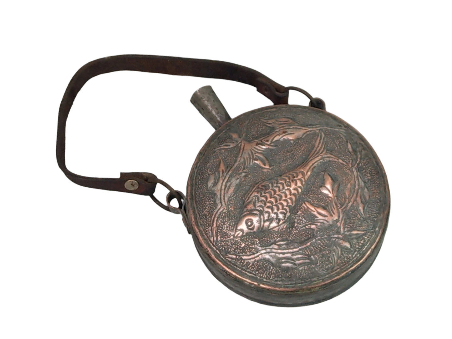 Antique Middle Eastern Gunpowder Flask, Tinned Copper with Fish Motif