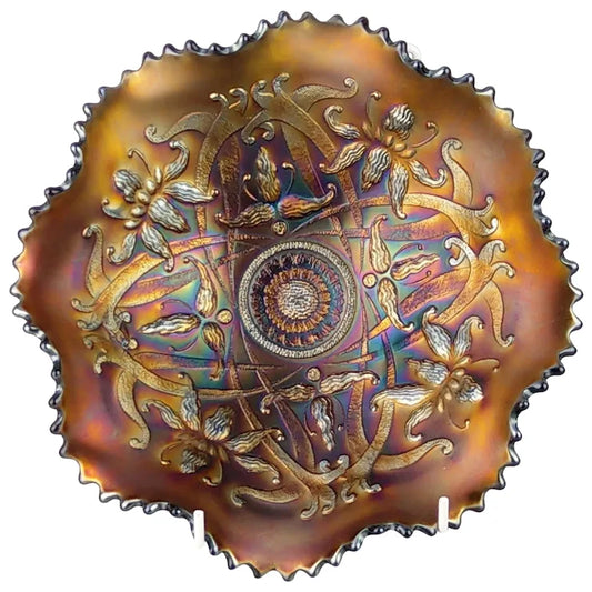 Amethyst Northwood Carnival Glass Wishbone Footed Ruffled Bowl