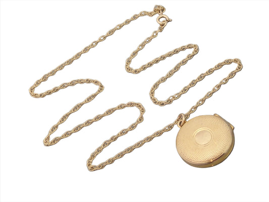 Solid 9ct Gold round Photo locket with double link chain with engine-turned pattern 
