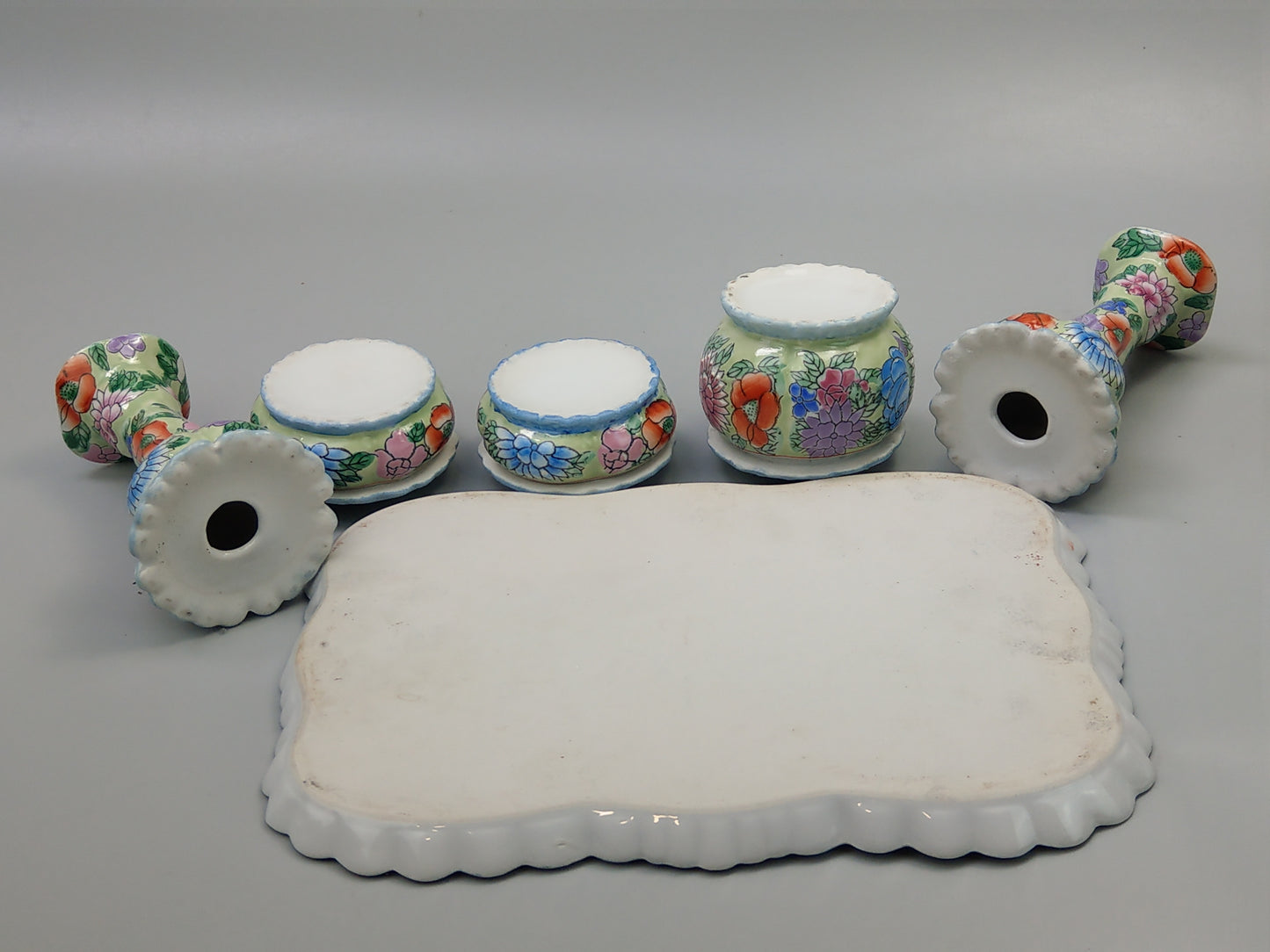 Vintage Vanity Dressing Table Set Chinese Millefiori Pattern Blue and Pink