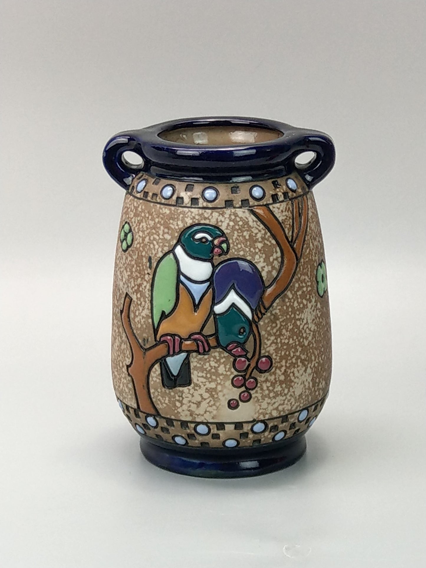 Vintage Pottery Vase with Parrots Austrian Amphora Campina Ceramic