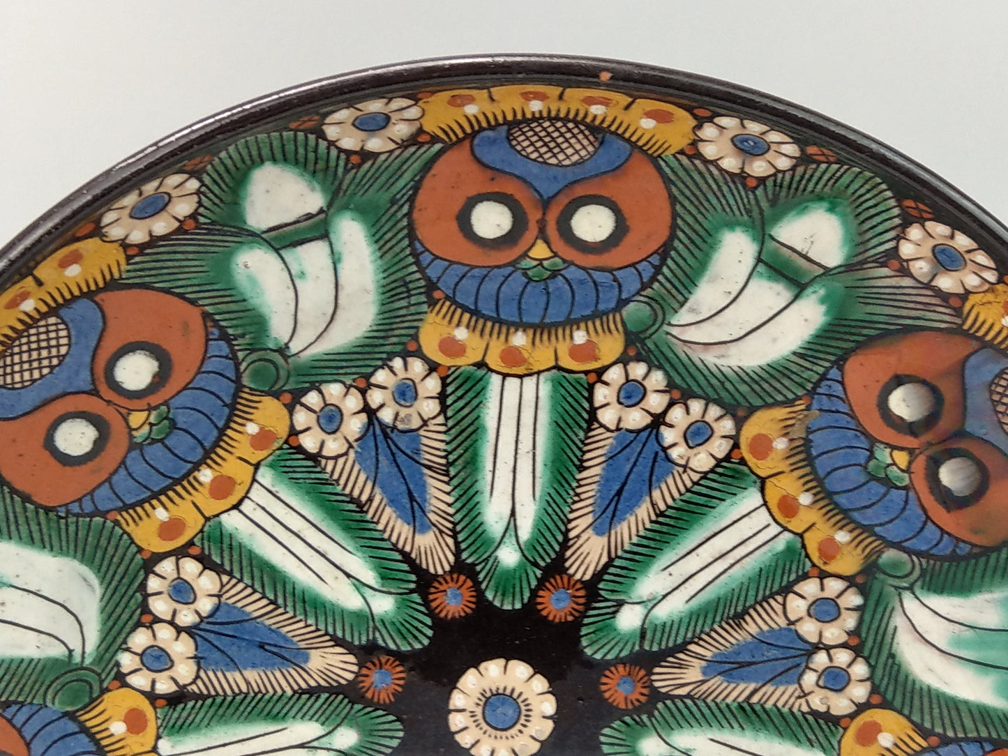 Swiss Art Deco Majolica Plate with owls by Thoune signature AS