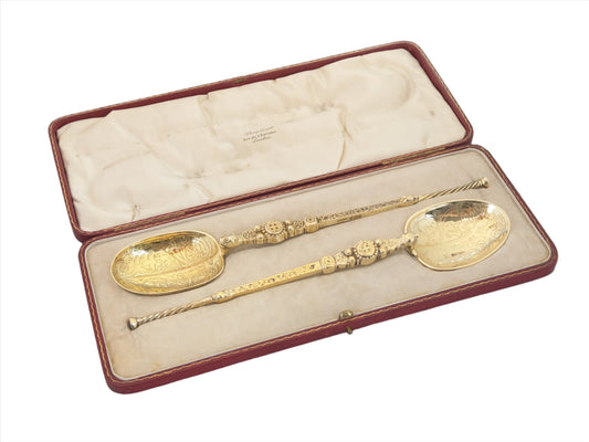 Large anointing spoons in case Gold gilt on Sterling Silver