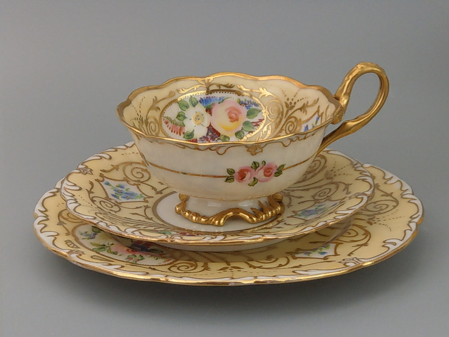 Nautilus Porcelain Trio Teacup and Saucer Yellow and Gold Rococo Style