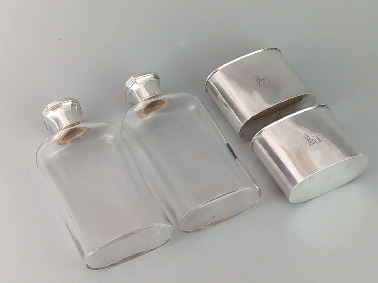 Large Silver mounted glass hip flask Lion crested by Gustave Keller Paris