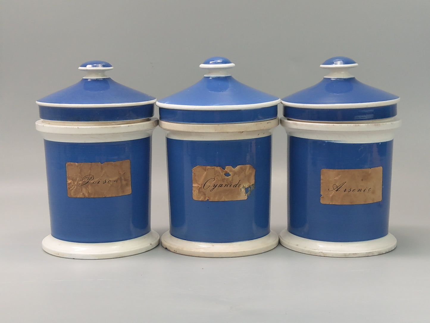 Blue and White Antique Apothecary Poison Jars