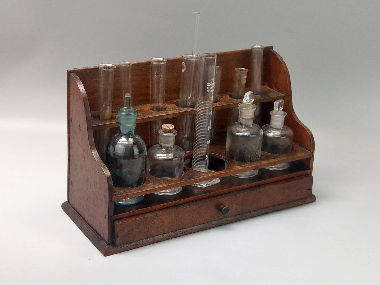 Wood Laboratory rack with test tubes and bottles