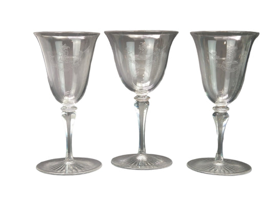 Antique Wine Glasses with Etched Scottish Clan Crest "Veritas via Vitae"