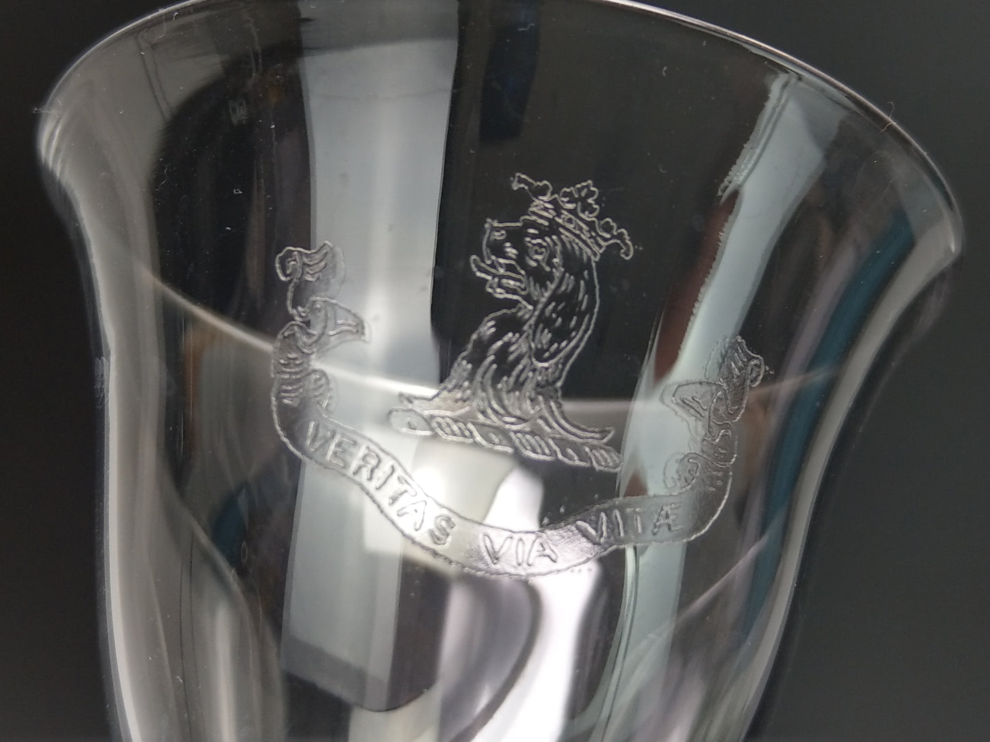 Antique Wine Glasses with Etched Scottish Clan Crest "Veritas via Vitae"