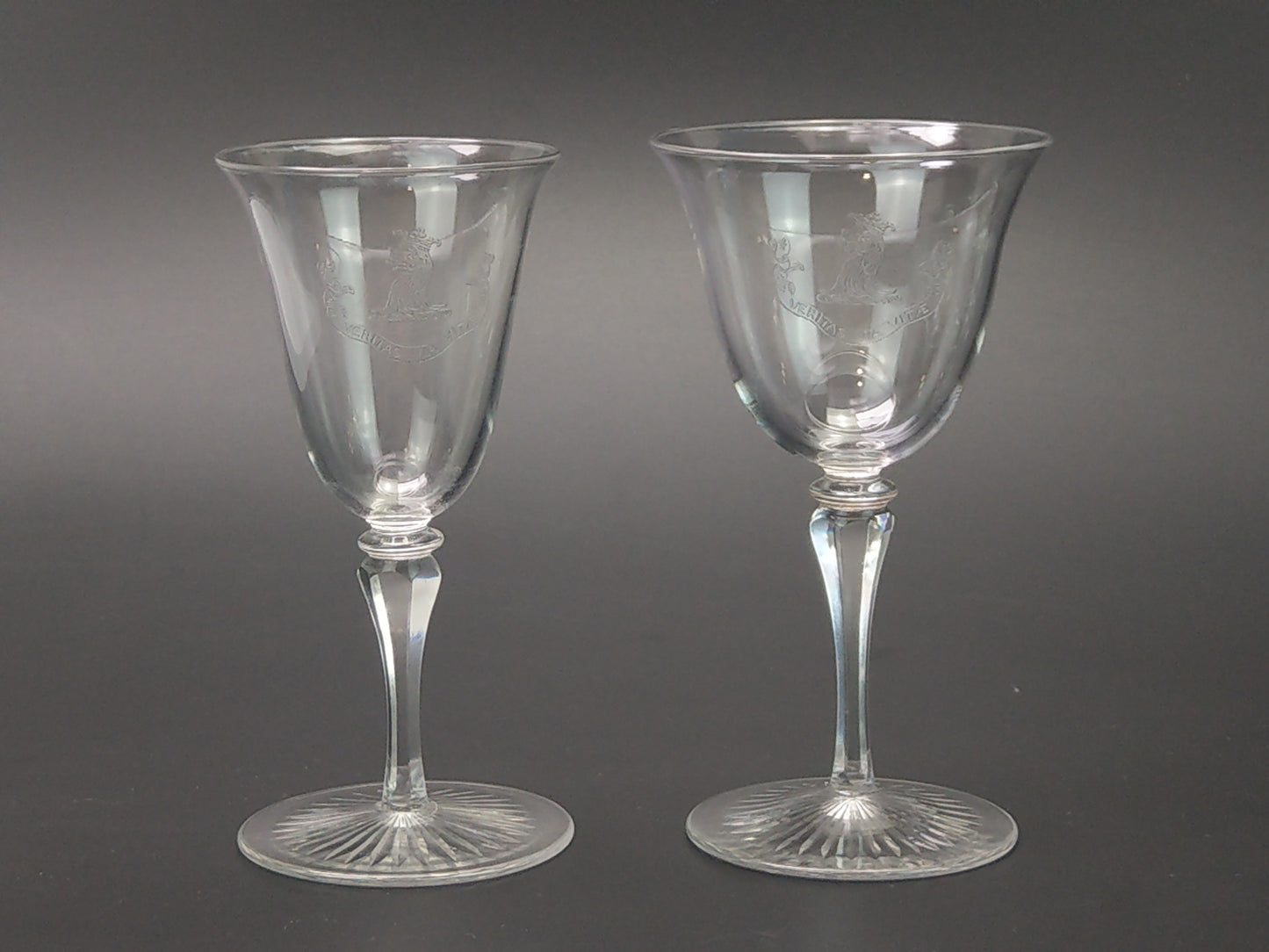 Antique Wine Glasses with Etched Scottish Clan Crest "Veritas via Vitae"
