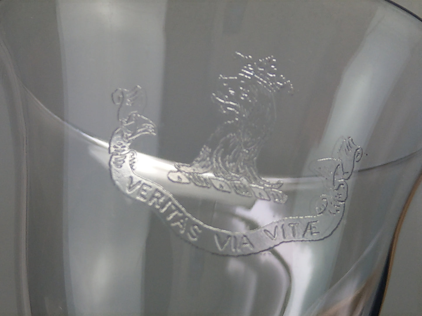 Antique Wine Glasses with Etched Scottish Clan Crest "Veritas via Vitae"