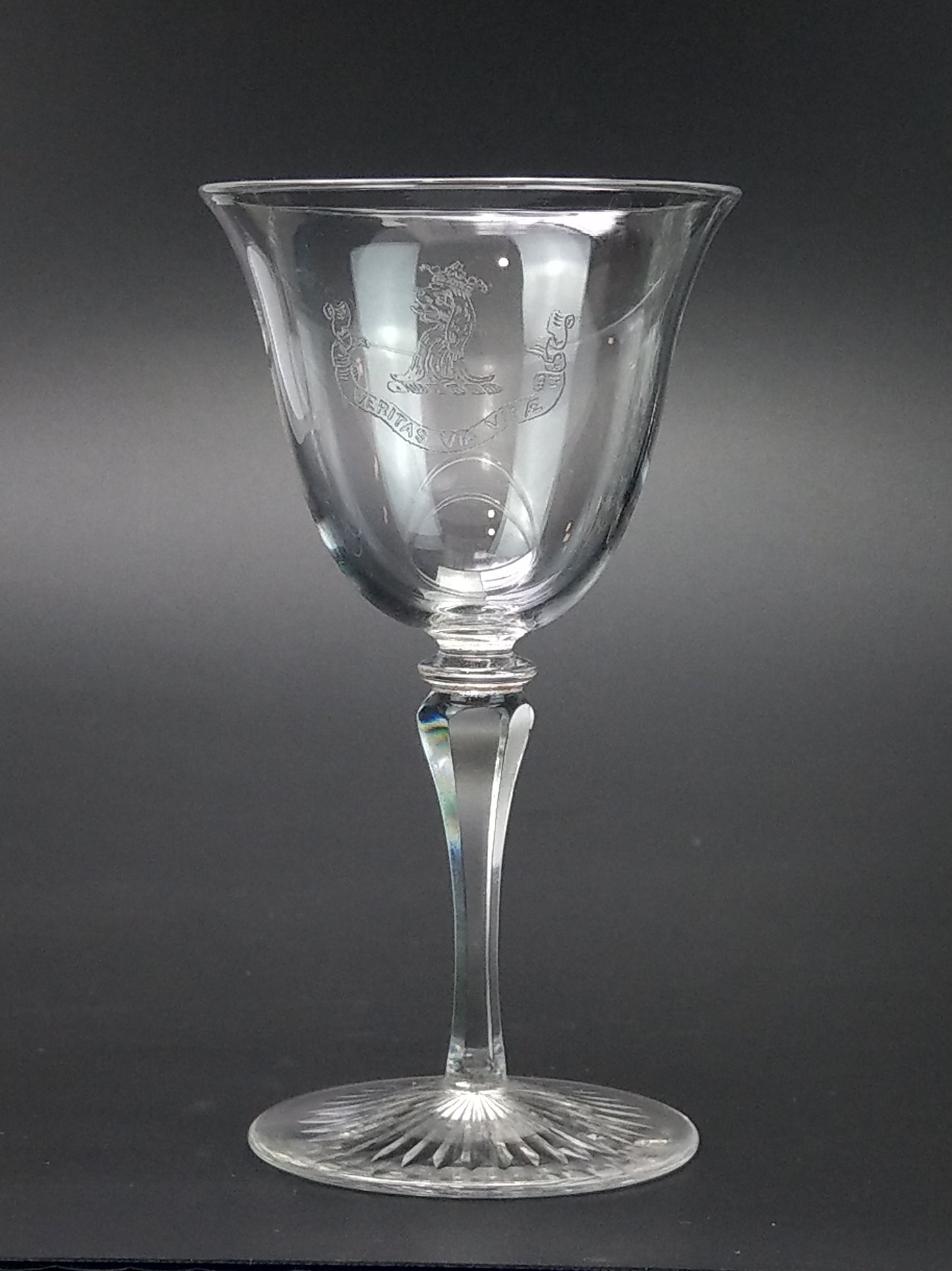 Antique Wine Glasses with Etched Scottish Clan Crest "Veritas via Vitae"