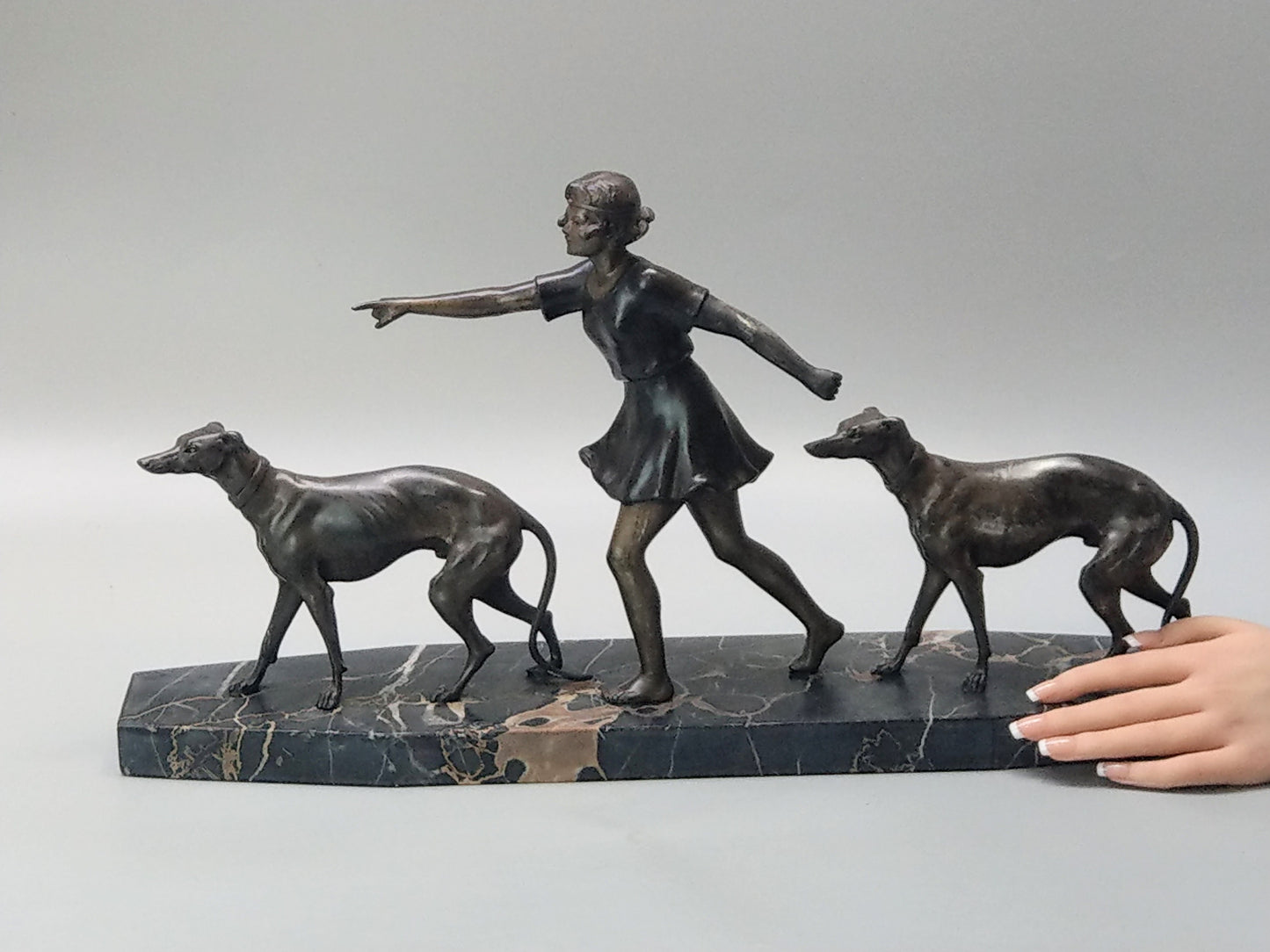 Art Deco Lady with Greyhounds Large Spelter Figure on Portoro Marble