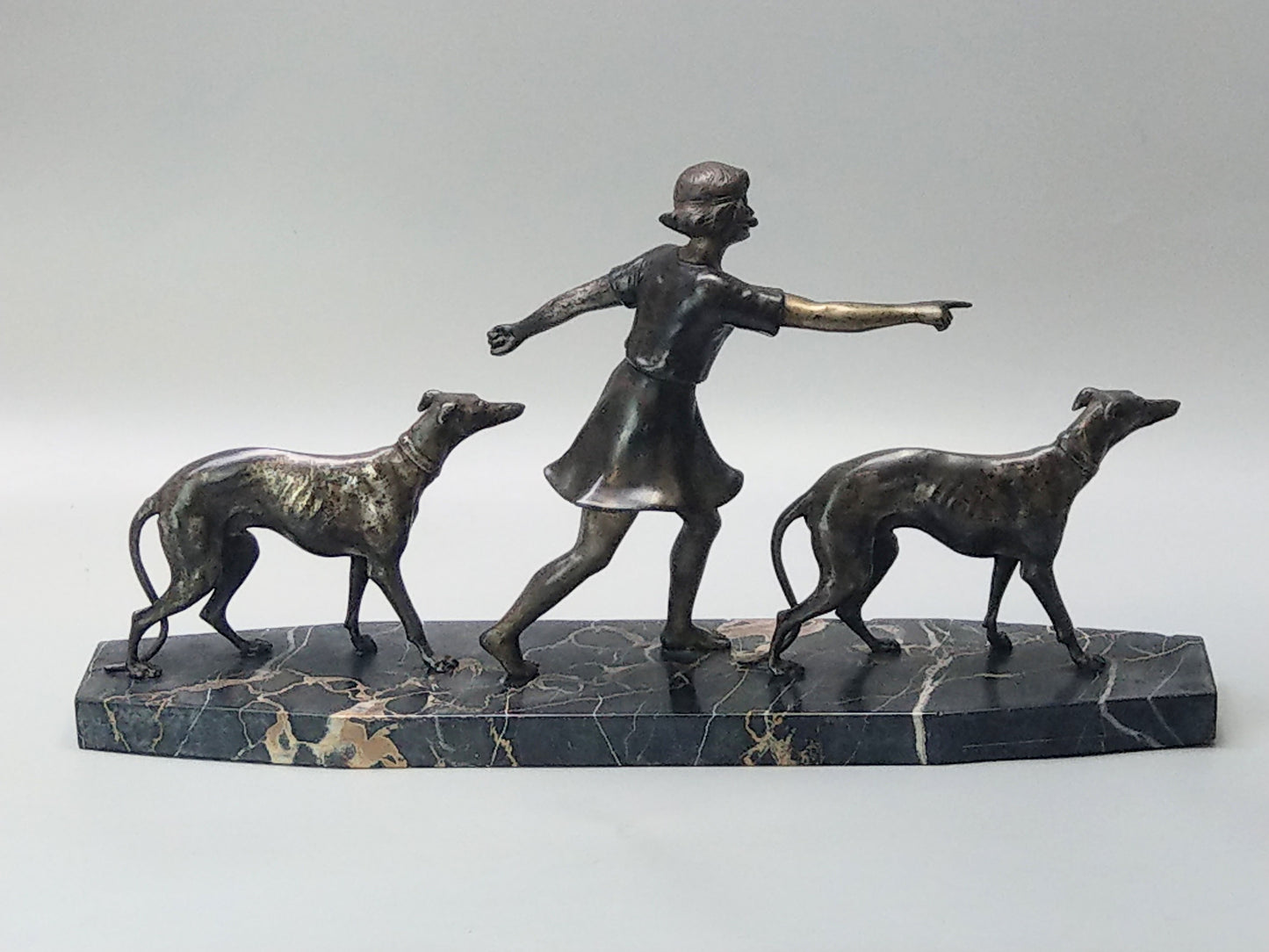 Art Deco Lady with Greyhounds Large Spelter Figure on Portoro Marble