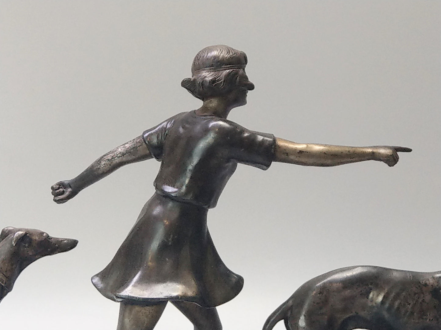 Art Deco Lady with Greyhounds Large Spelter Figure on Portoro Marble