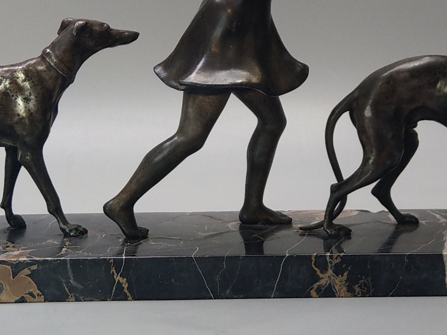 Art Deco Lady with Greyhounds Large Spelter Figure on Portoro Marble