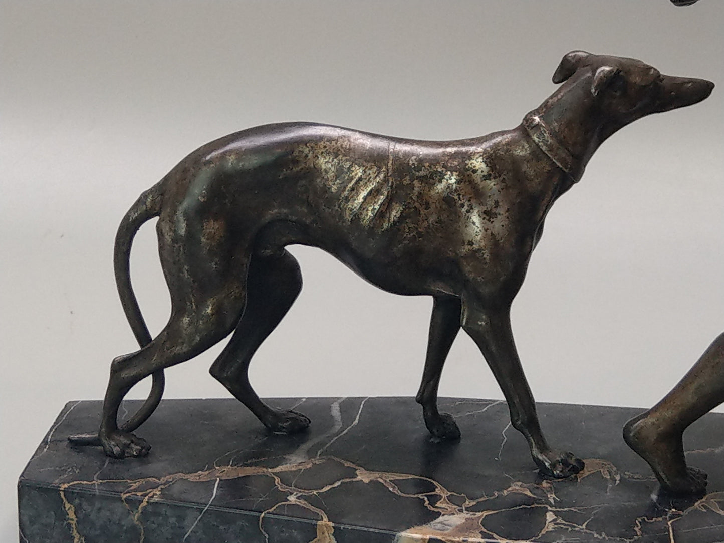 Art Deco Lady with Greyhounds Large Spelter Figure on Portoro Marble
