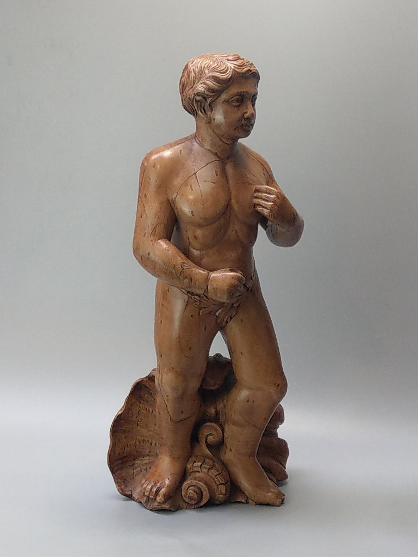 Large Carved Walnut Figure of Triton on Clamshell in the Manner of Putto, c.1800