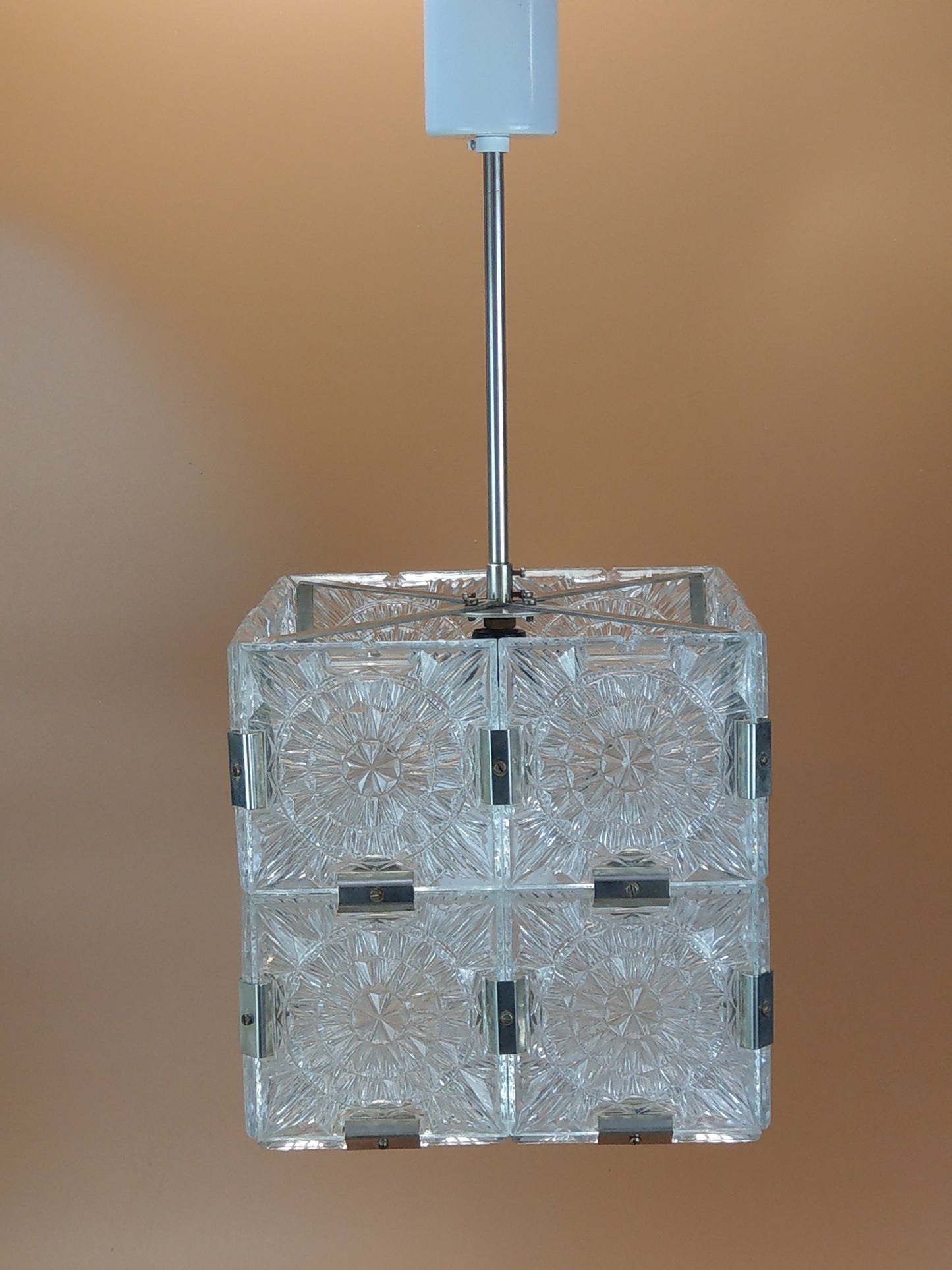 Vintage Cubic Clear Pressed rosettes Glass Pendant Ceiling Kamenicky Senov