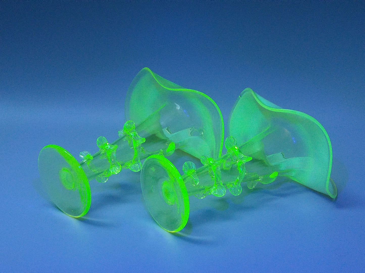 Pair of Jack in the Pulpit vases Vaseline Uranium Glass by Thomas Webb
