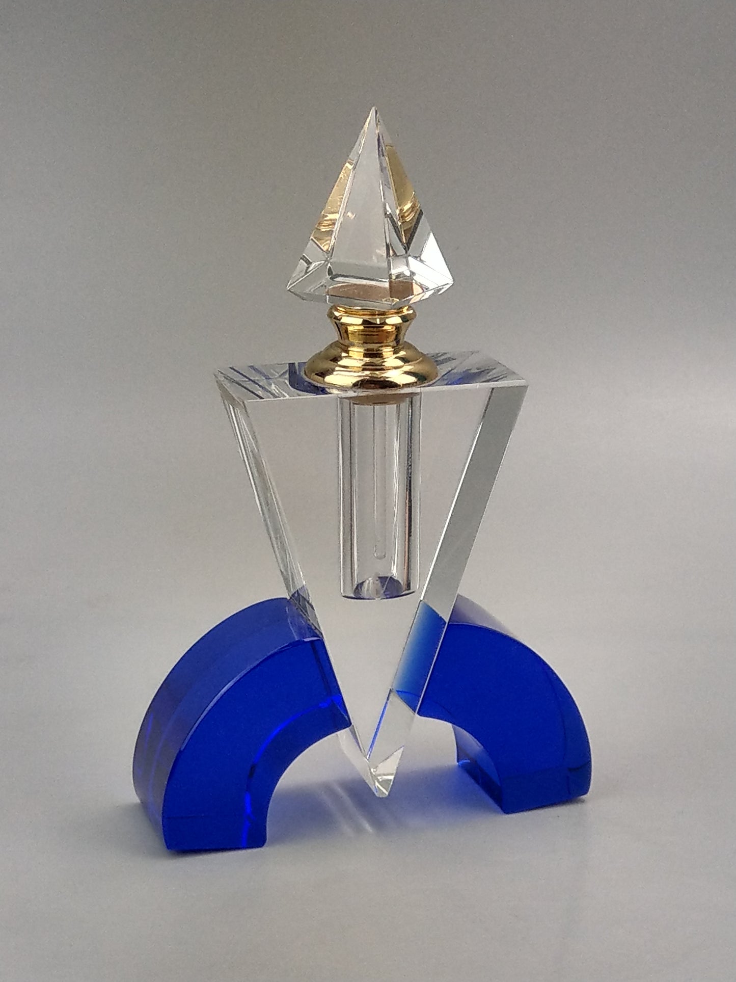 Geometric Perfume bottle cobalt blue and clear cut crystal glass in Art Deco style