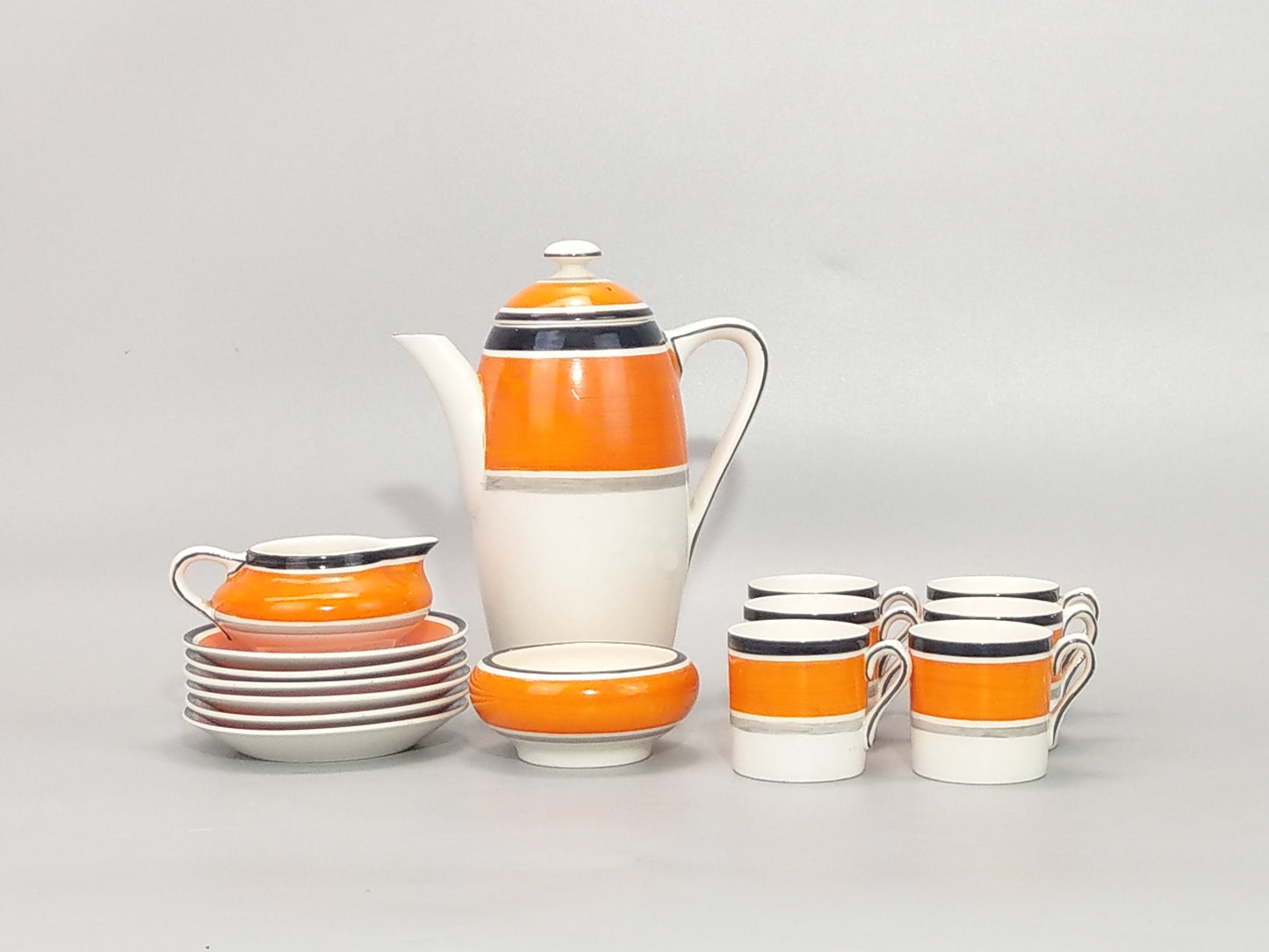 Banded Orange and Black Coffee Set - Gray's Pottery Hanley c1930
