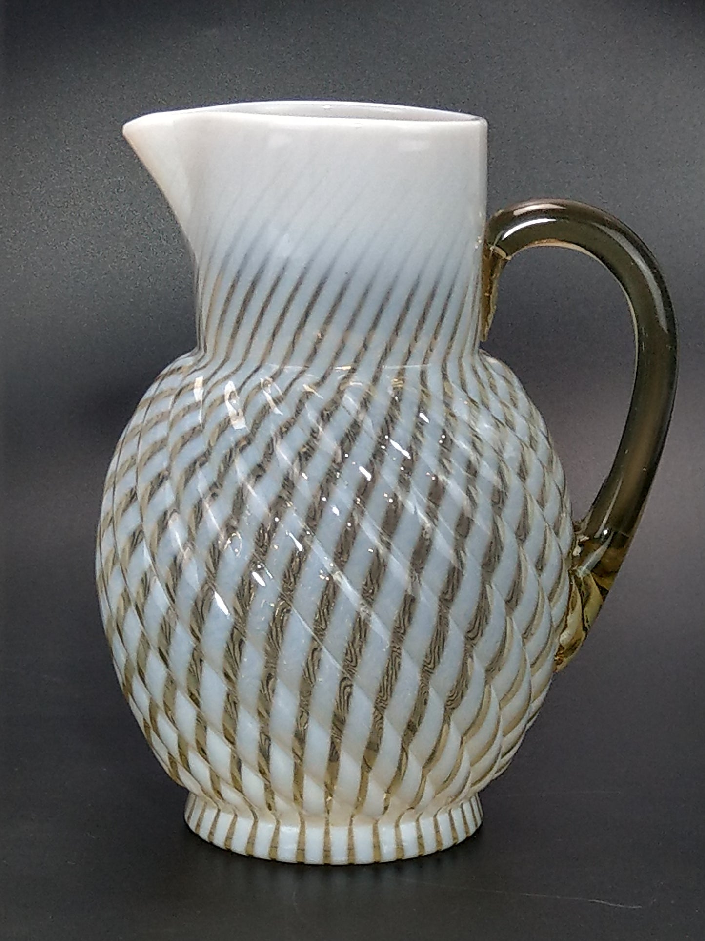 Vaseline Opalescent Glass Pitcher Reverse Swirl Buckeye No. 528