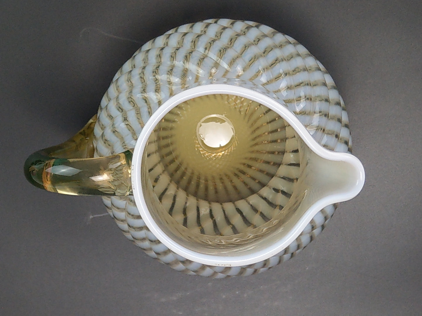 Vaseline Opalescent Glass Pitcher Reverse Swirl Buckeye No. 528