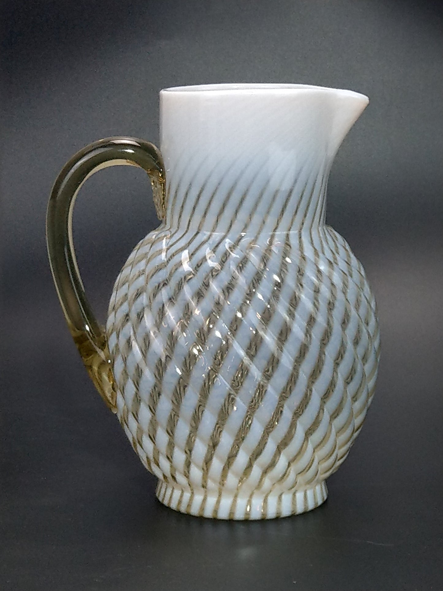 Vaseline Opalescent Glass Pitcher Reverse Swirl Buckeye No. 528