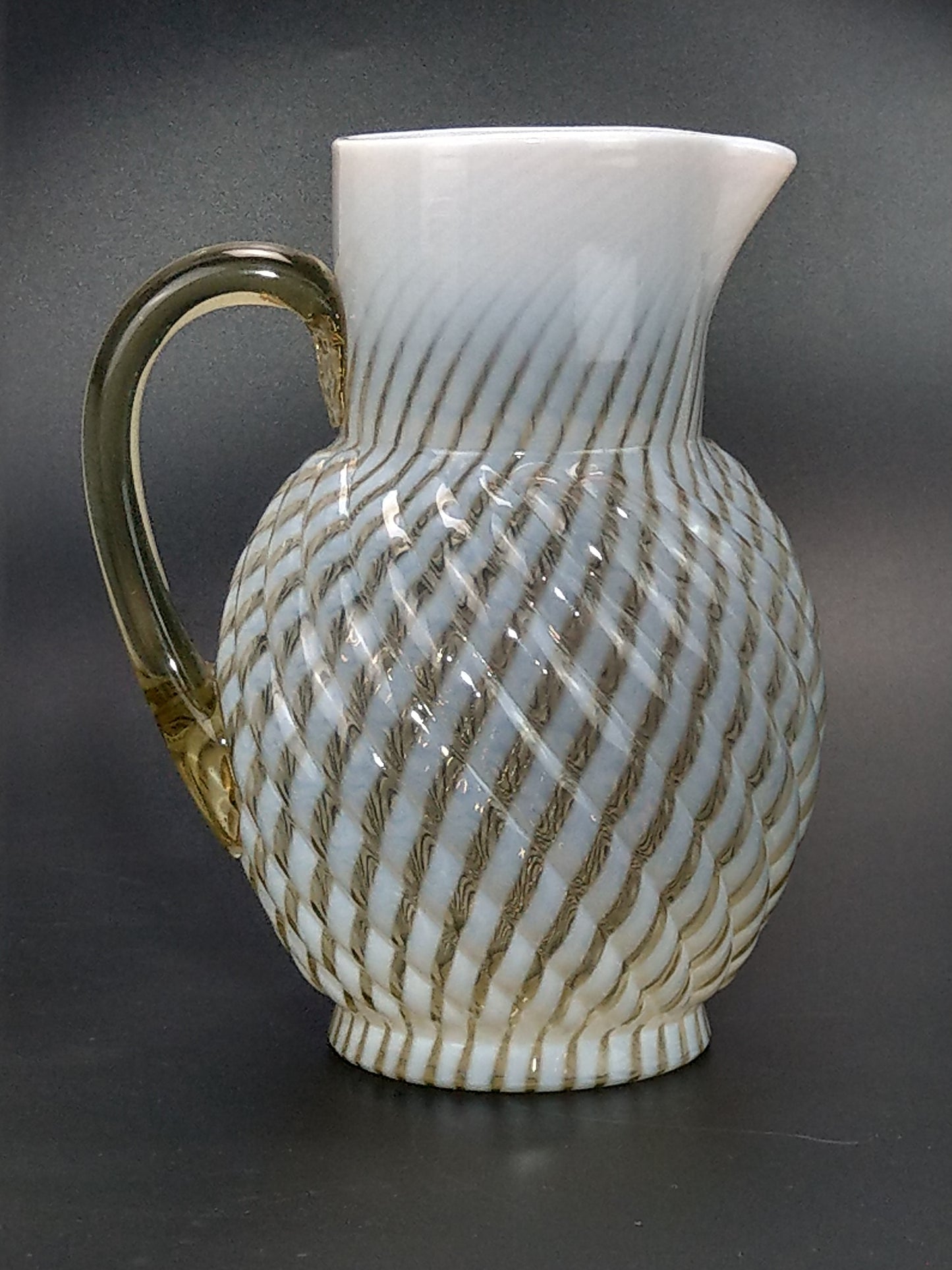 Vaseline Opalescent Glass Pitcher Reverse Swirl Buckeye No. 528