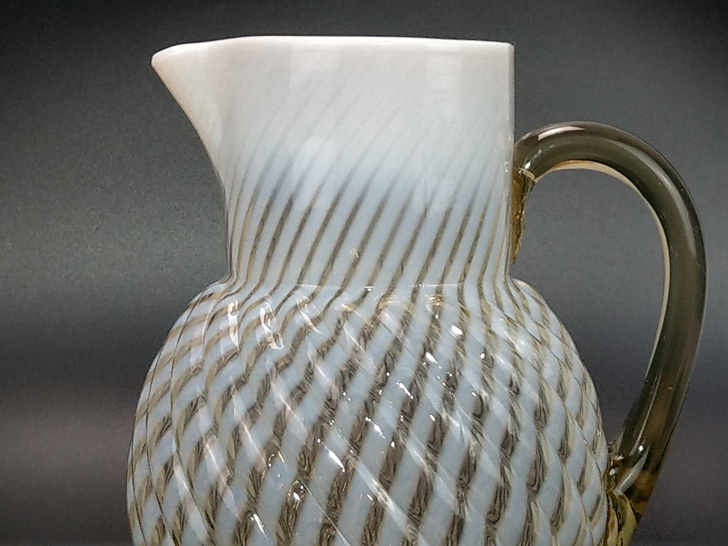 Vaseline Opalescent Glass Pitcher Reverse Swirl Buckeye No. 528