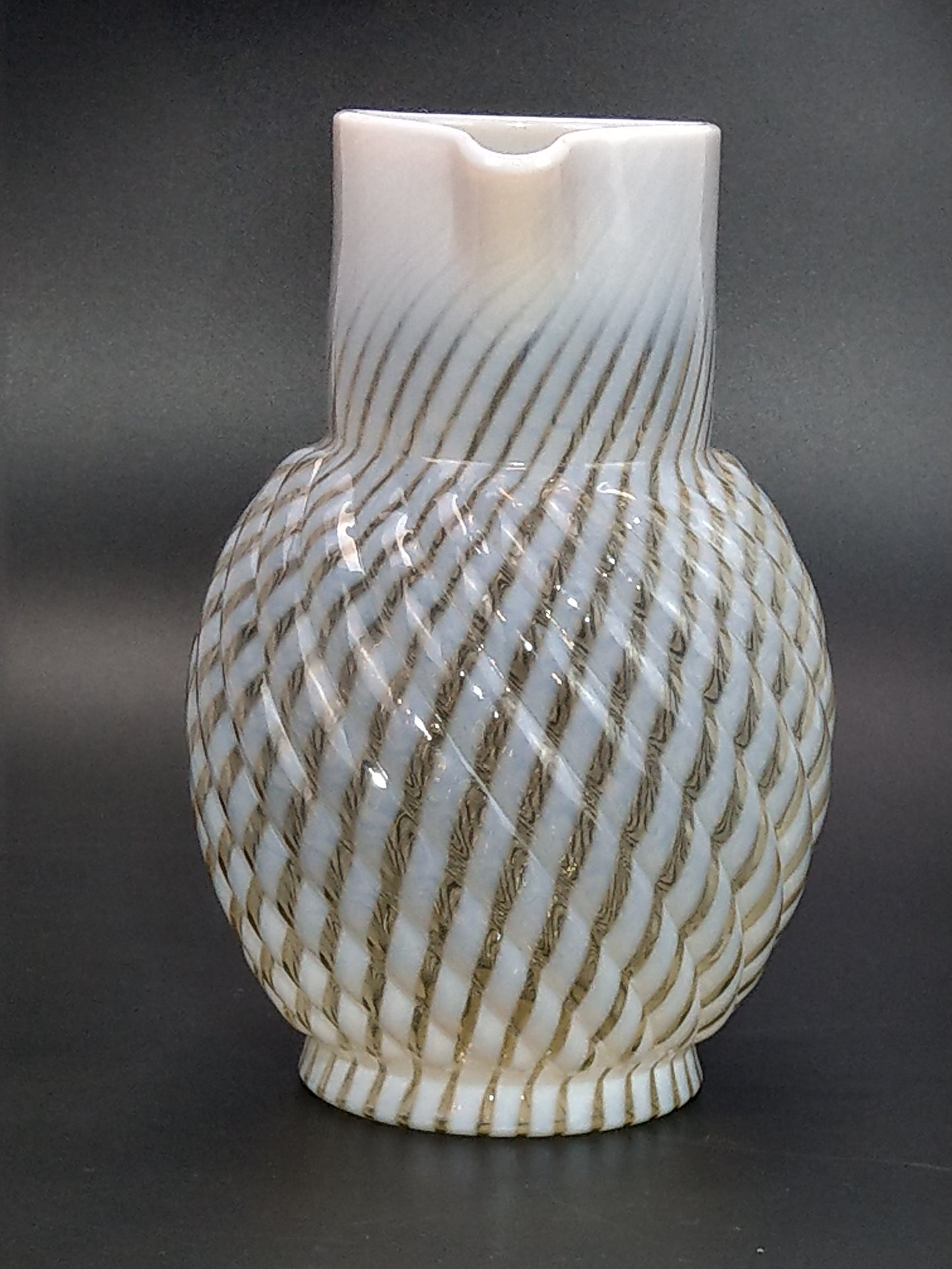 Vaseline Opalescent Glass Pitcher Reverse Swirl Buckeye No. 528