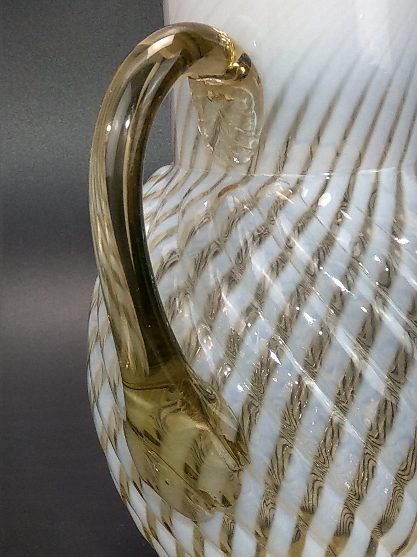 Vaseline Opalescent Glass Pitcher Reverse Swirl Buckeye No. 528