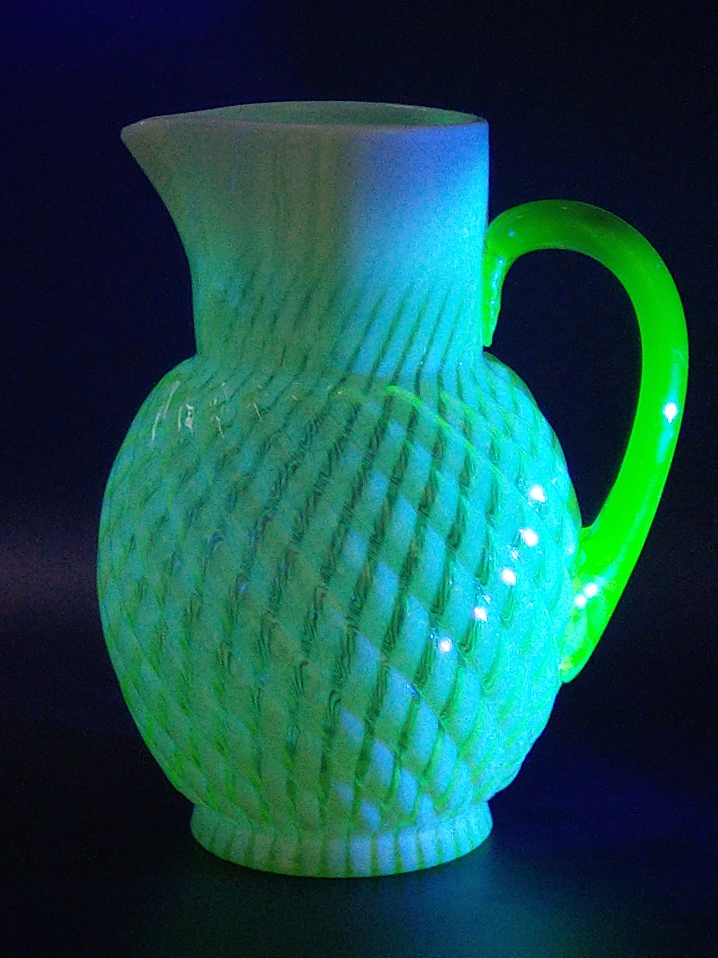 Vaseline Opalescent Glass Pitcher Reverse Swirl Buckeye No. 528