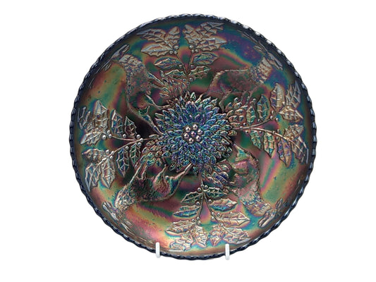 Fenton Carnival Blue Glass Footed Bowl Stag and Holly Electric