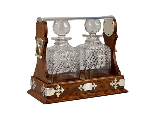 Antique Oak Tantalus with Silver-Plated Mounts and Key Lock by Hobbs & Co London