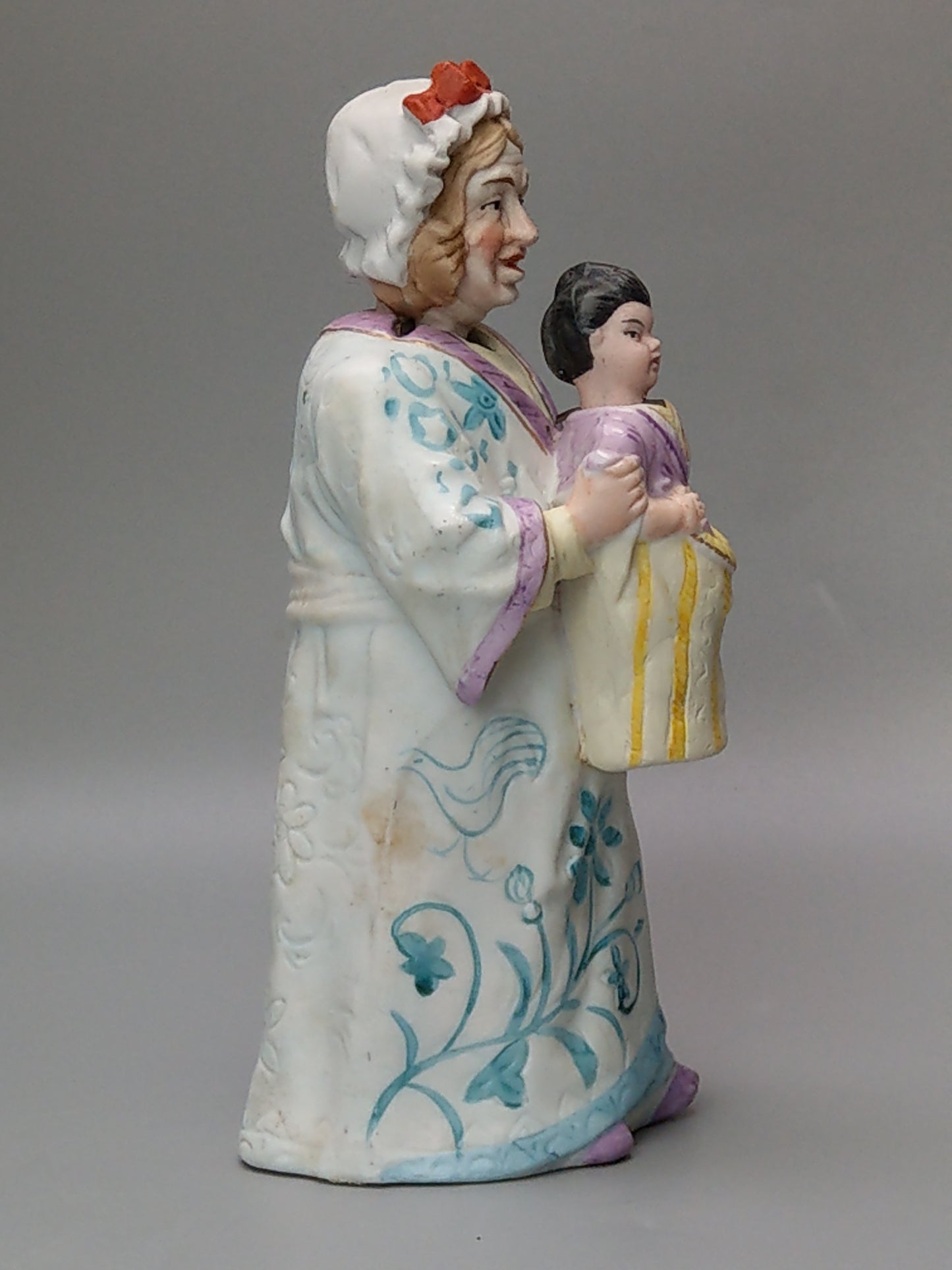 Nodding Head Figurine Granny with Grandson, Double Head, German Bisque Porcelain