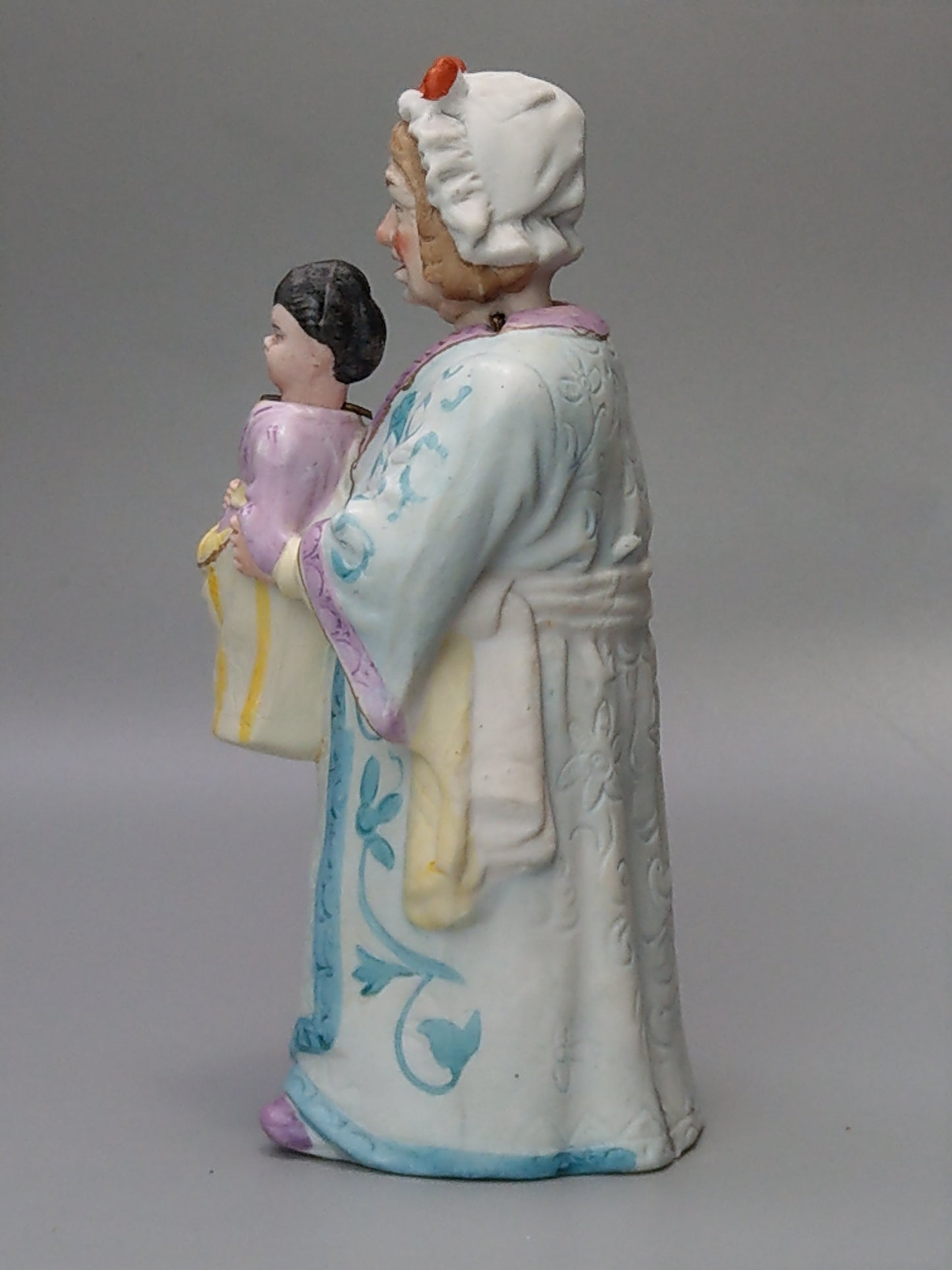 Nodding Head Figurine Granny with Grandson, Double Head, German Bisque Porcelain