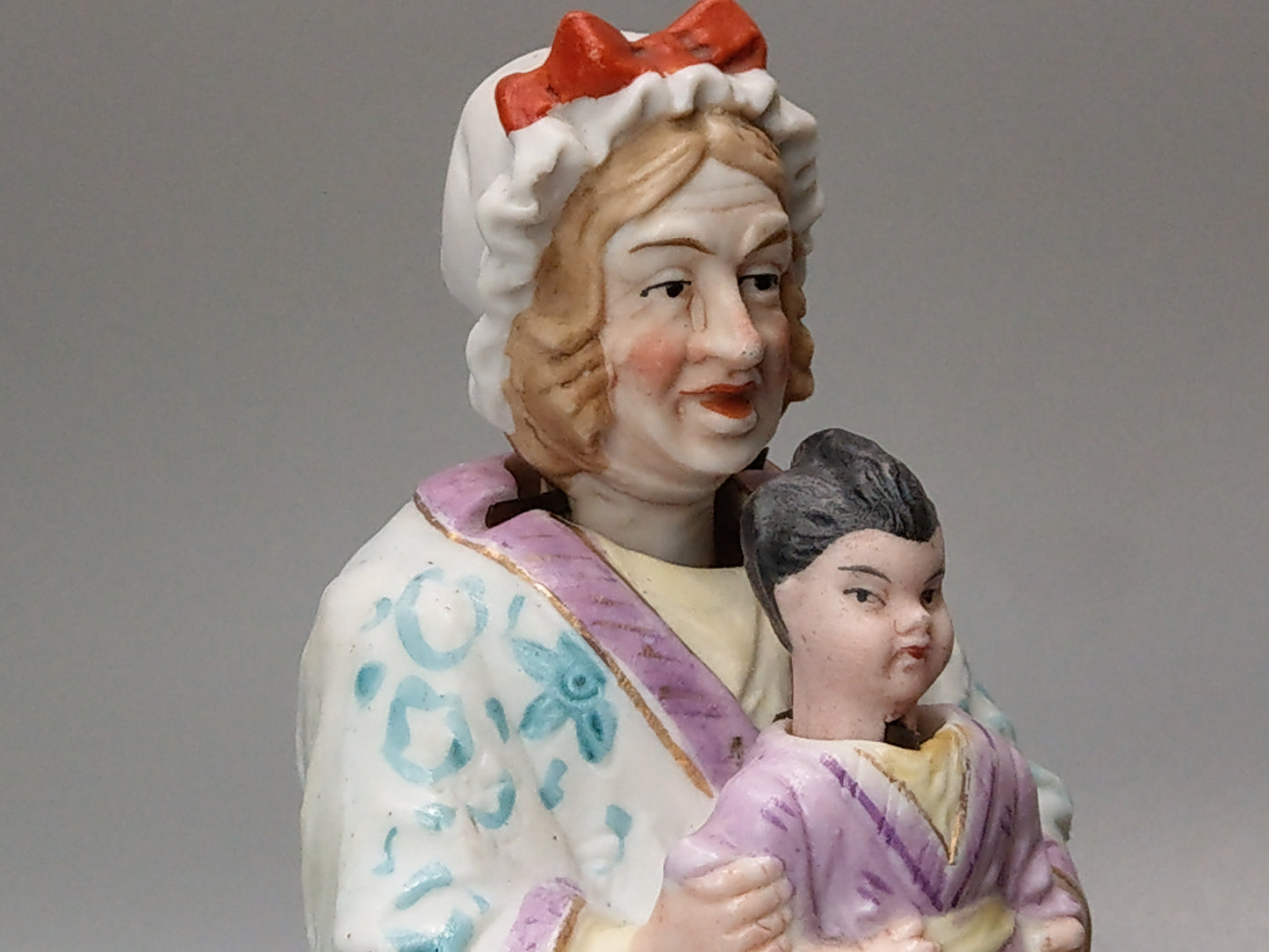 Nodding Head Figurine Granny with Grandson, Double Head, German Bisque Porcelain
