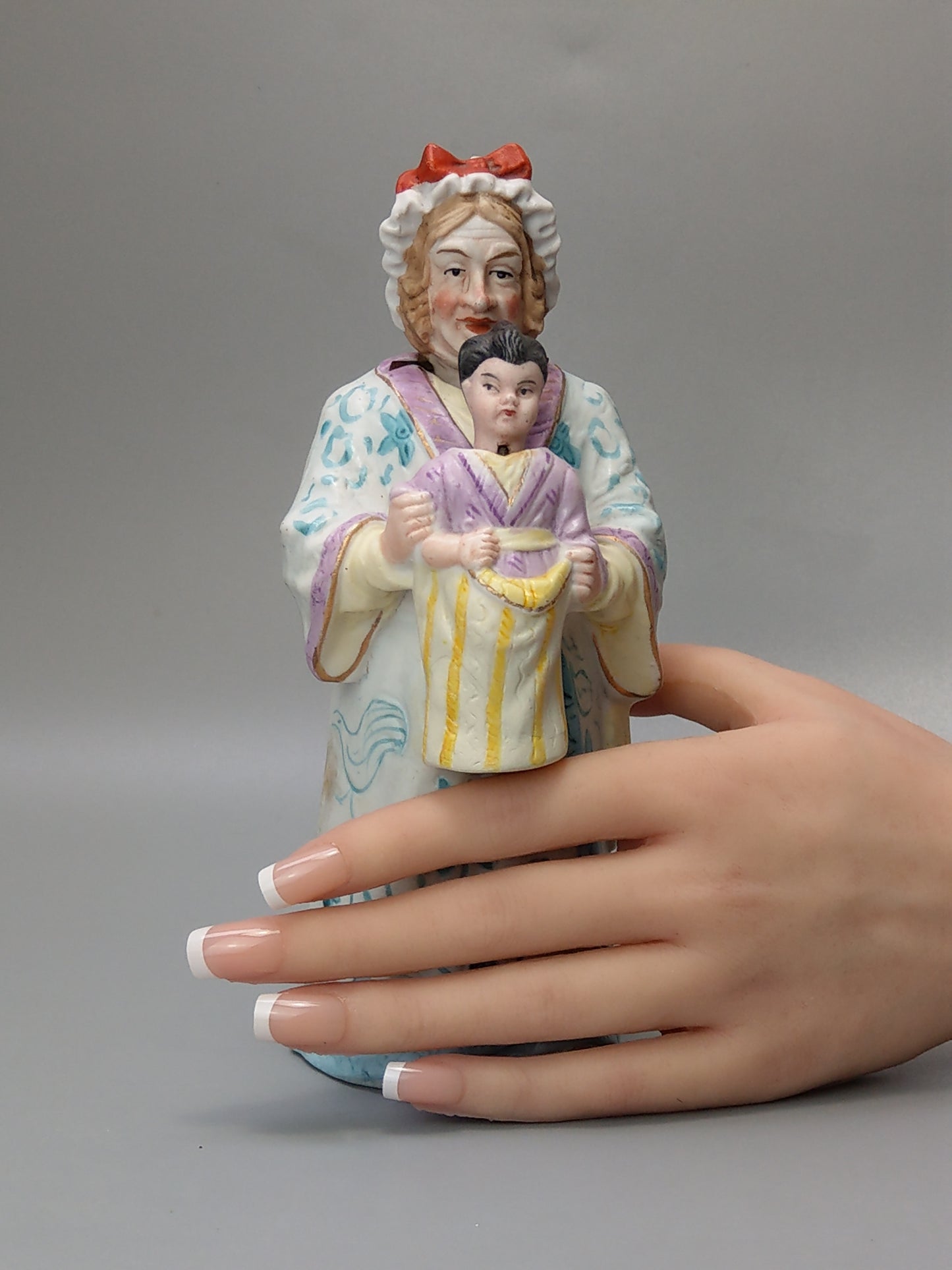 Nodding Head Figurine Granny with Grandson, Double Head, German Bisque Porcelain