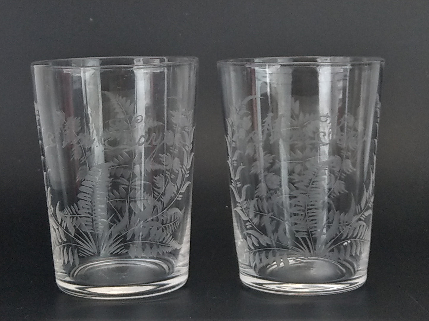 Victorian wedding etched glass beaker with Ferns Mr & Mrs Kaye