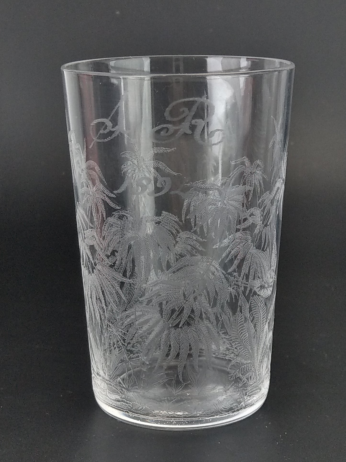 Pair of Victorian wedding etched glass beakers with fern bush Birds monogram AR and IR 1894