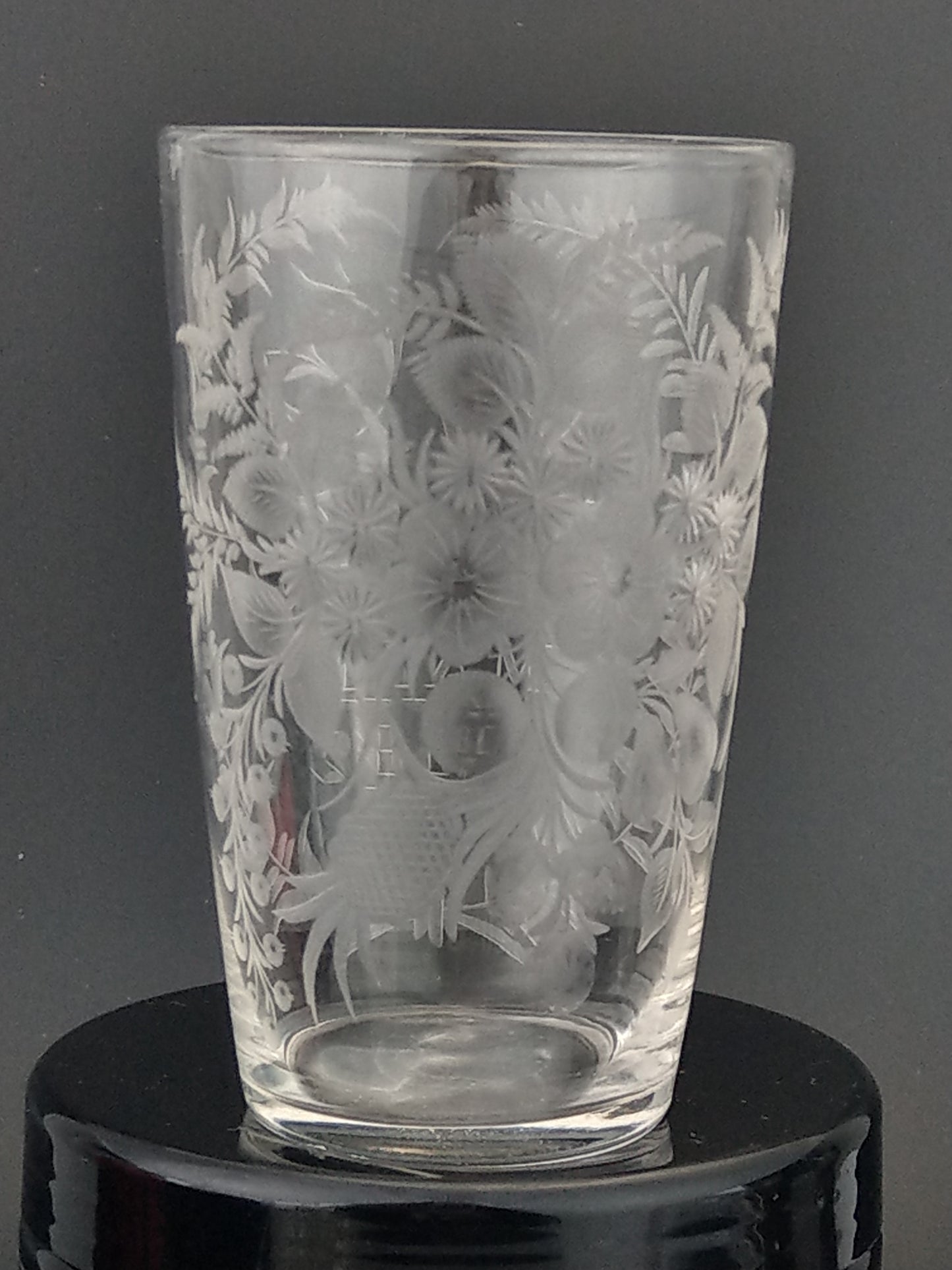Victorian etched glasses beaker with floral pattern dated May 14 1882