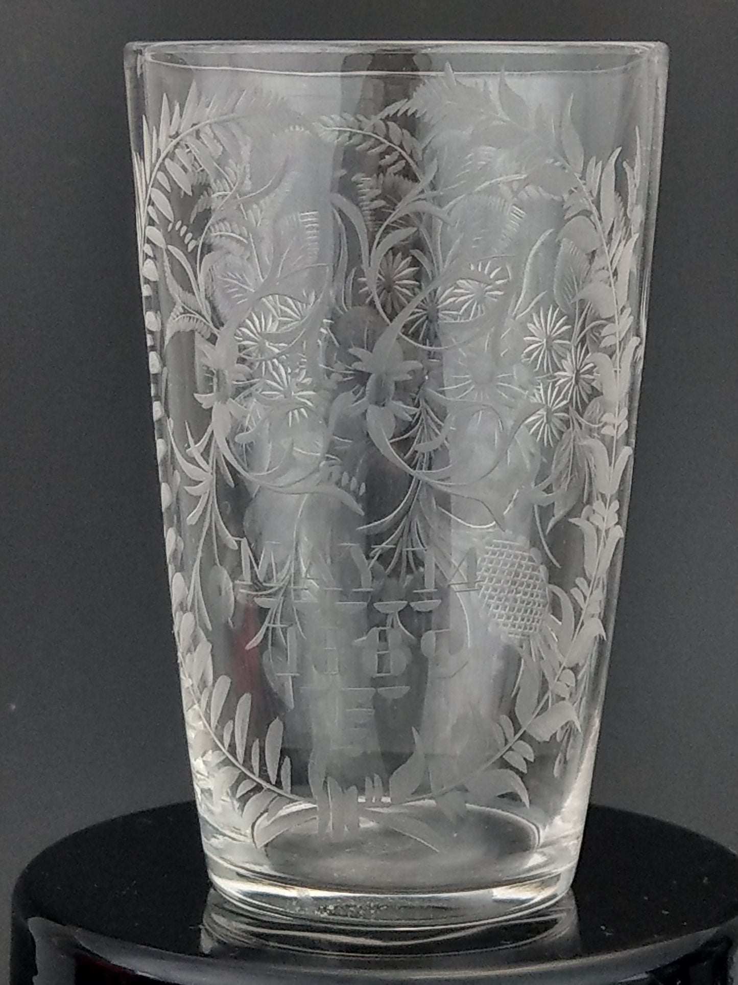 Victorian etched glasses beaker with floral pattern dated May 14 1882