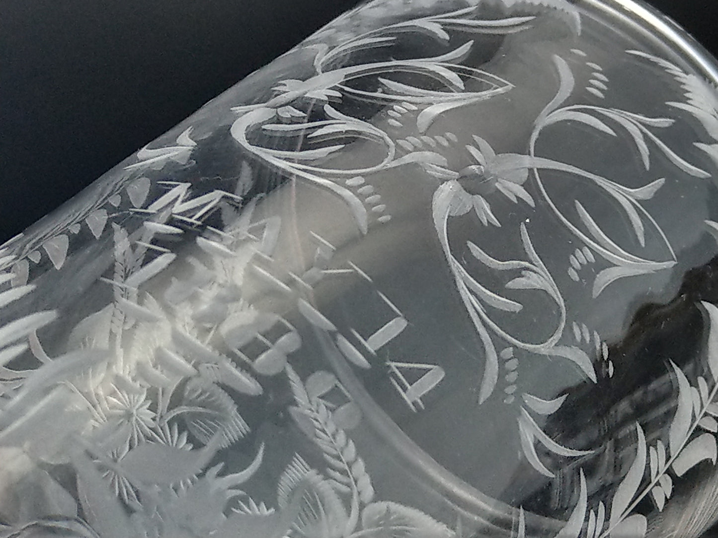 Victorian etched glasses beaker with floral pattern dated May 14 1882