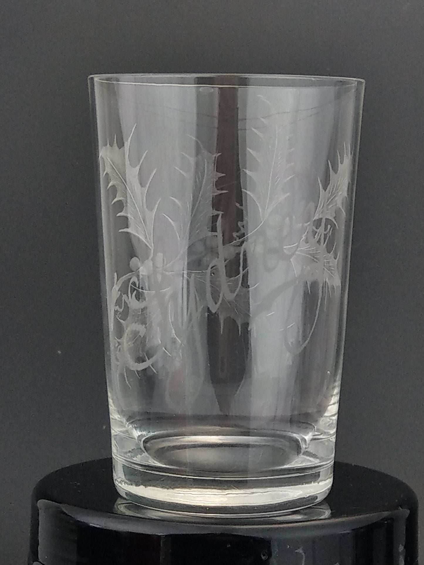 Victorian etched glasses beaker Holly Bush with name Sydney