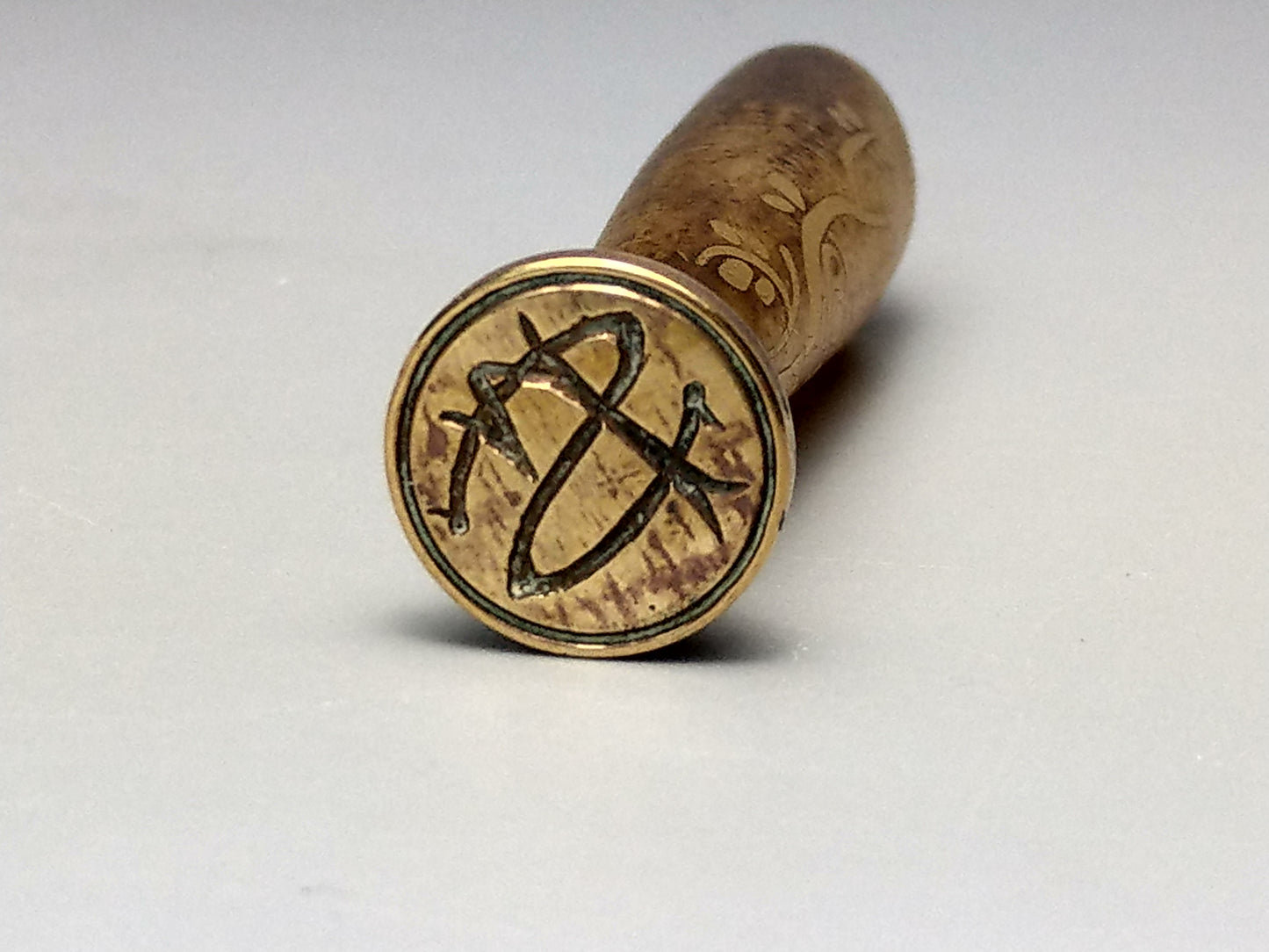 Antique Wax Seal Stamp with early plastic handle bird on a tree and monogram S.J