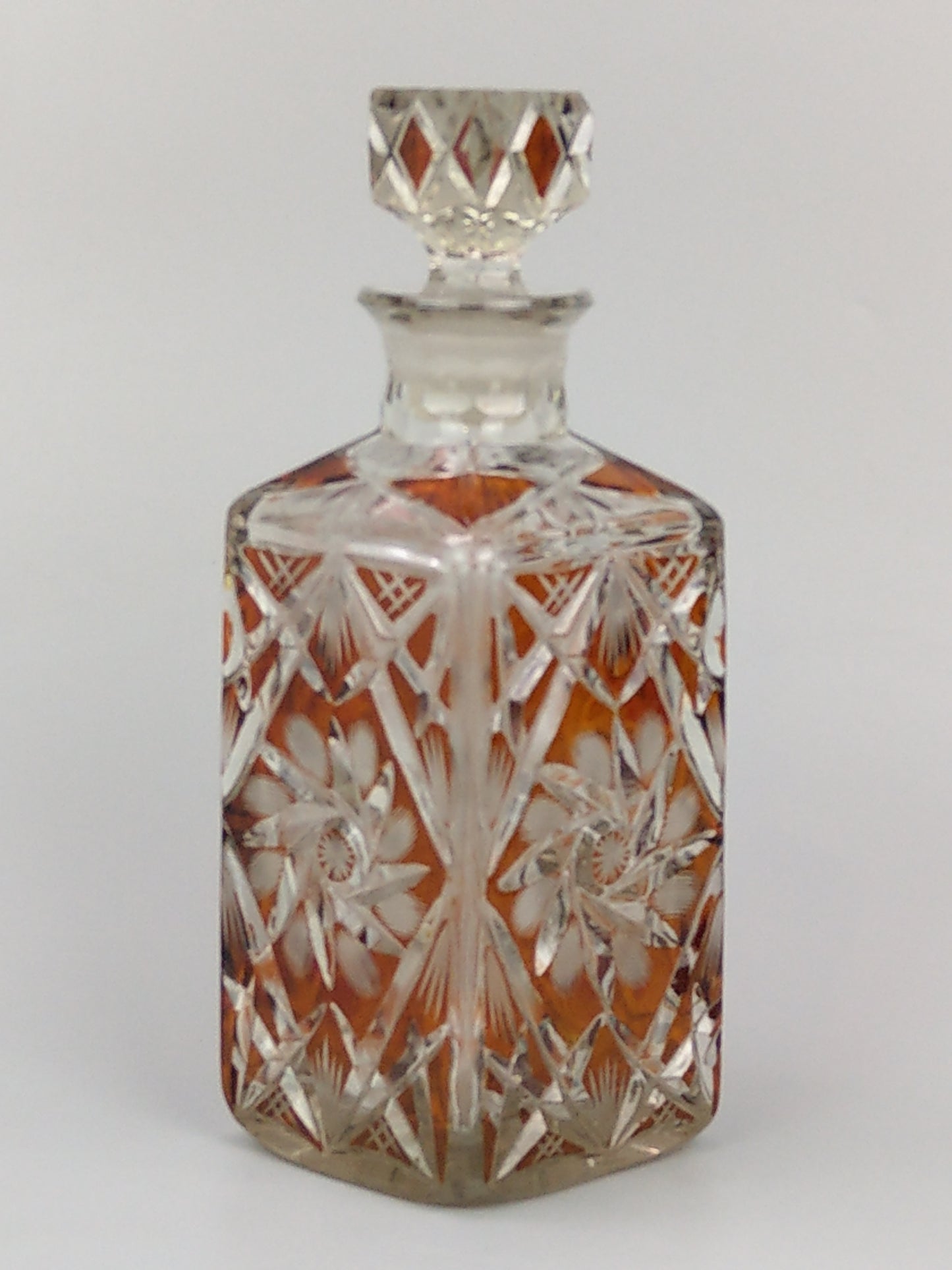 Bohemian Cut Glass amber flush Square Whisky Decanter