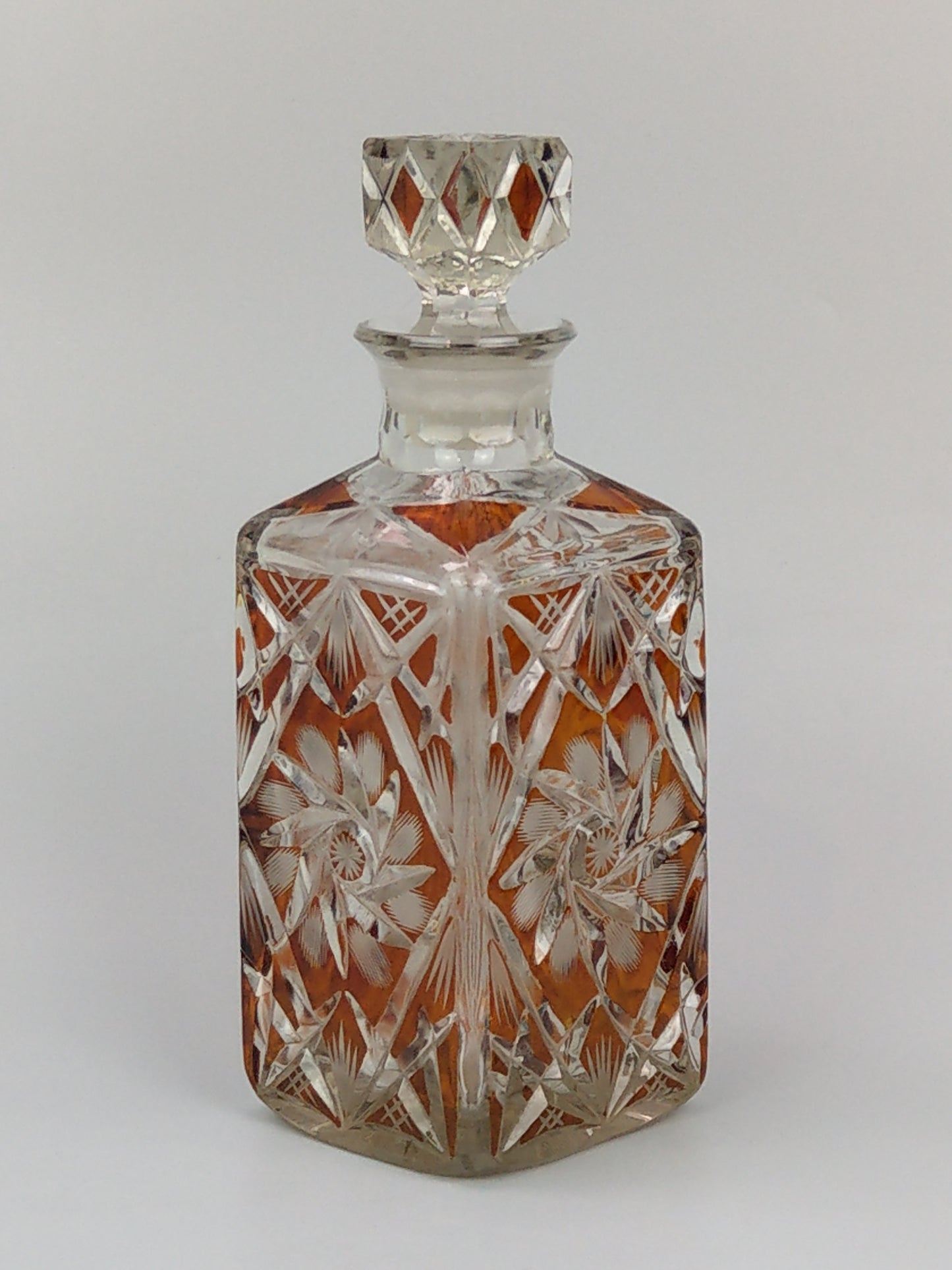 Bohemian Cut Glass amber flush Square Whisky Decanter